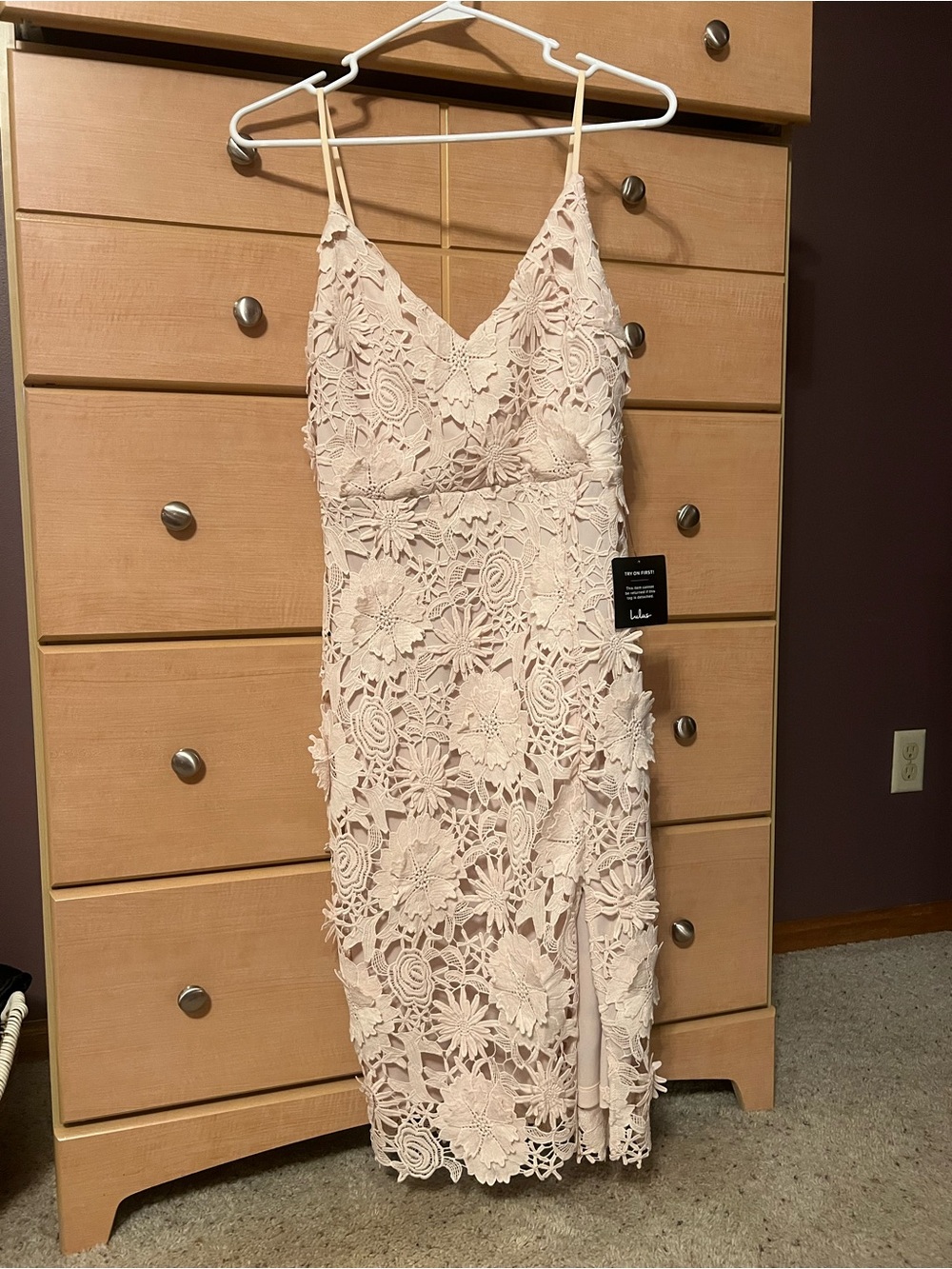 Lulu's Pale Blush 3D Floral Lace Midi Dress